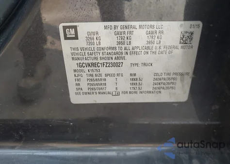 2015 Chevrolet Silverado 1500 2Lt z USA, uszkodzony, nr VIN 1GCVKREC1FZ230027